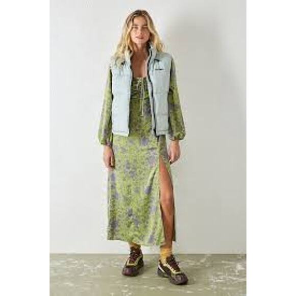 Urban Outfitters Green Purple Floral Puff Sleeve Midi Dress Peasant Cottagecore - Picture 1 of 8